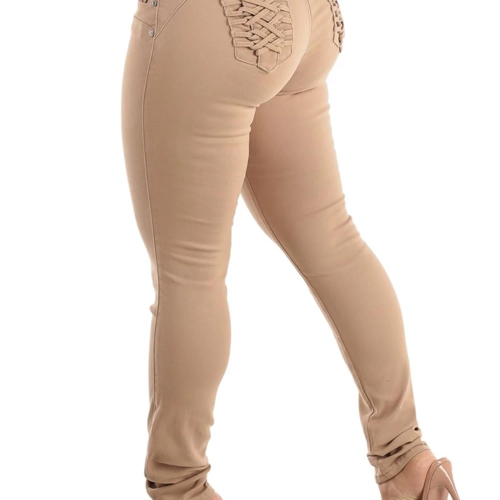 Moda MX Tan Braided Pocket Butt Lifting Skinny Jeans With Tummy Control